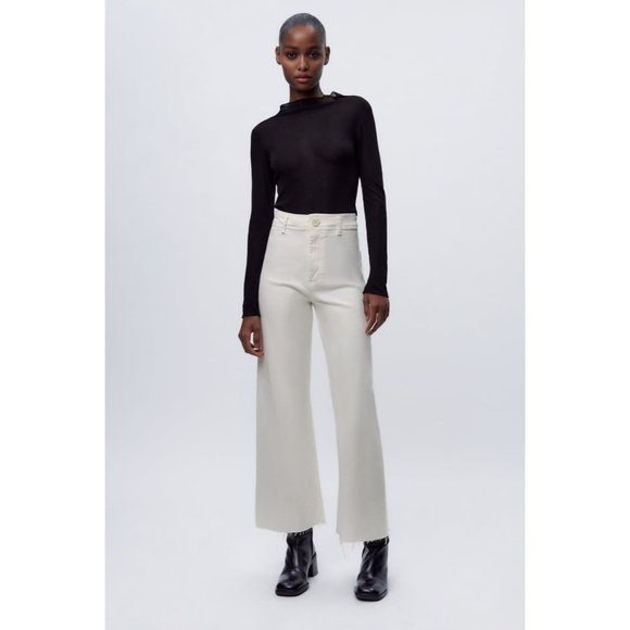 Zara Blogger Favorite Marine Straight High Waisted Flare Wide Leg Frayed Jeans - Picture 6 of 16